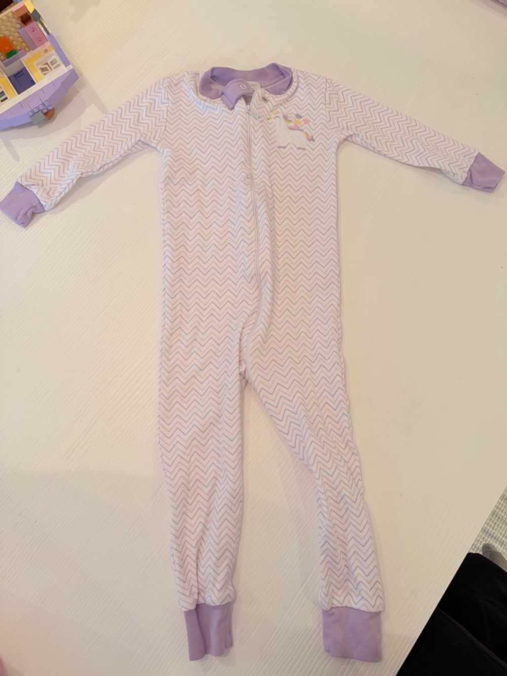 Girls' Lavender Chevron Footed One-Piece Pajama with Unicorn Accent